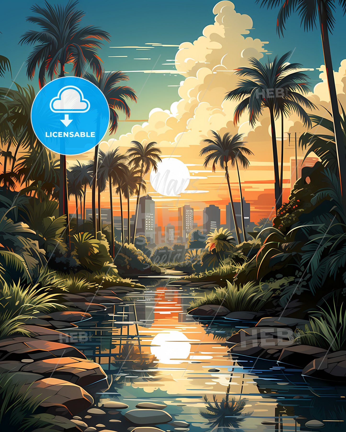 Fort Lauderdale, Florida, a river with palm trees and a city in the background