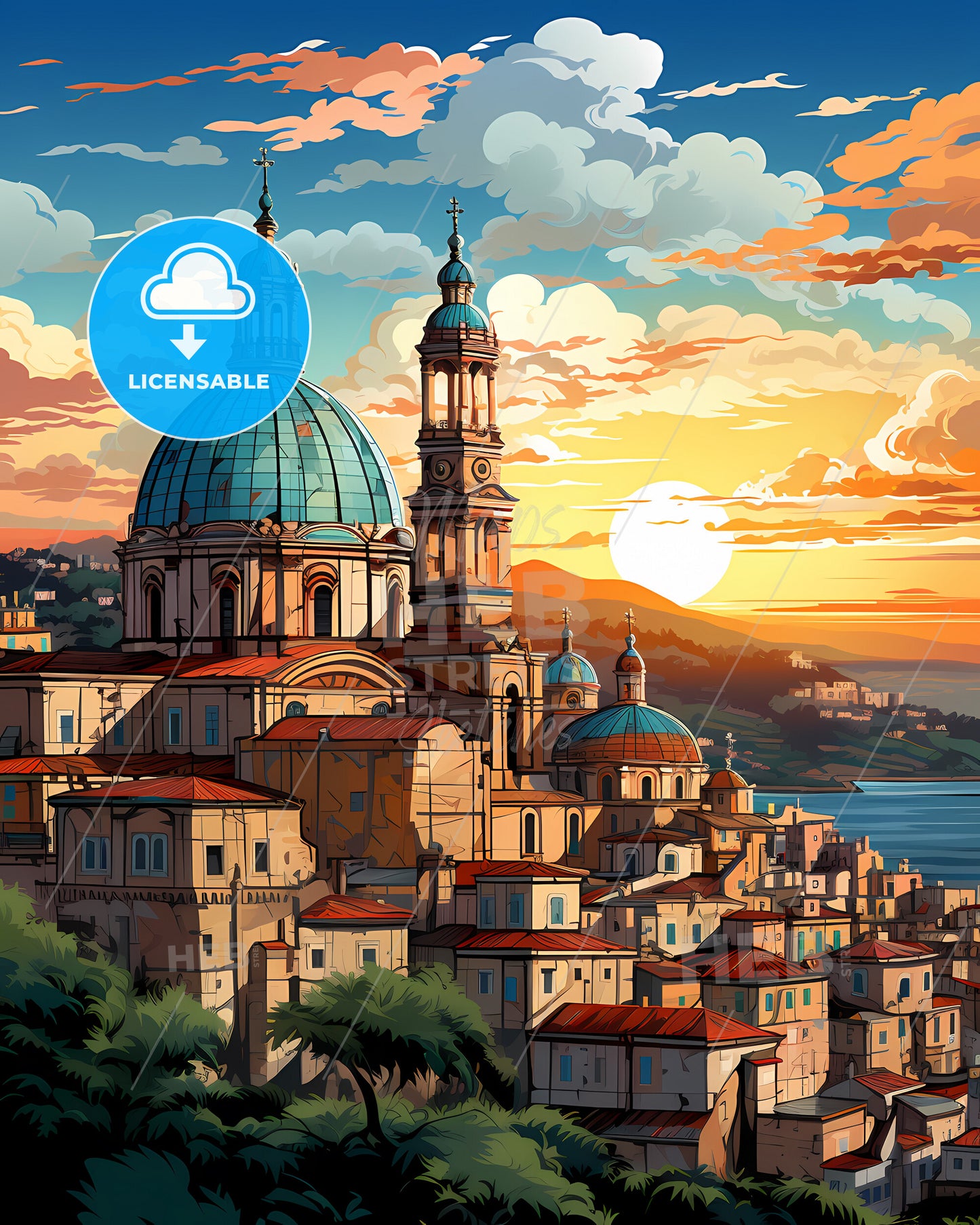 Genoa, Italy, a city with a dome and a blue roof