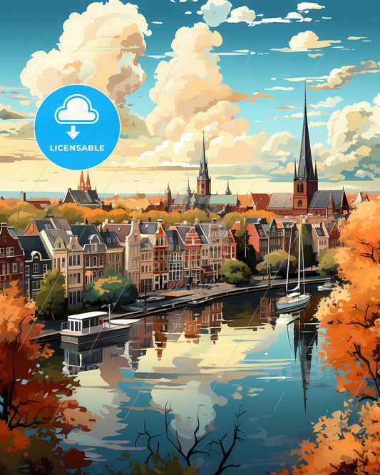 Haarlem, Netherlands, a water body with a body of water and a city with buildings and trees