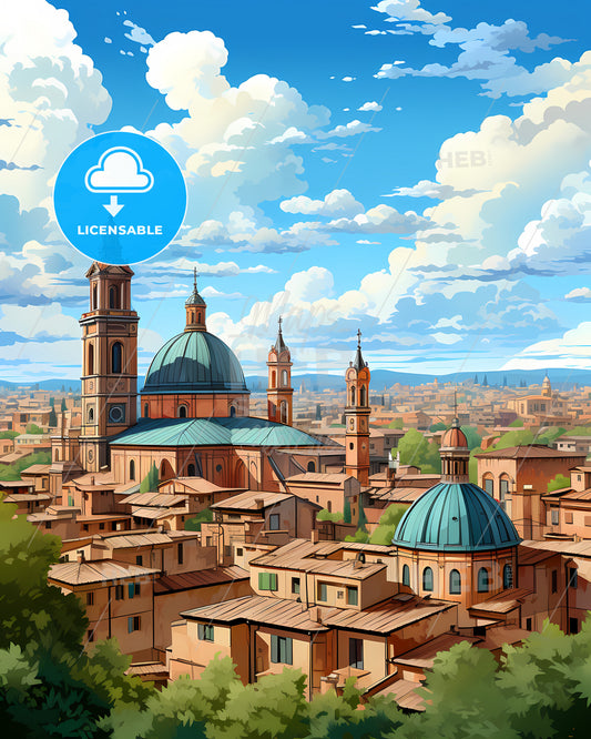 Bologna, Italy, a city with a blue dome and towers
