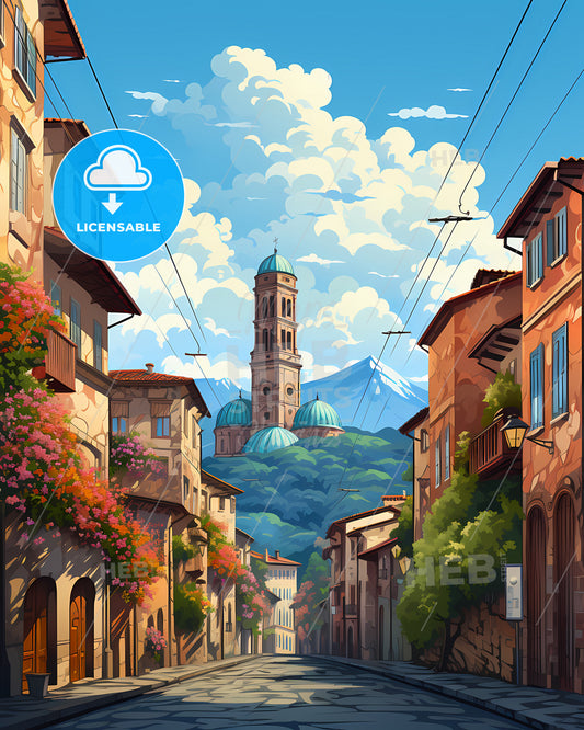 Pistoia, Italy, a street with buildings and a tower on top