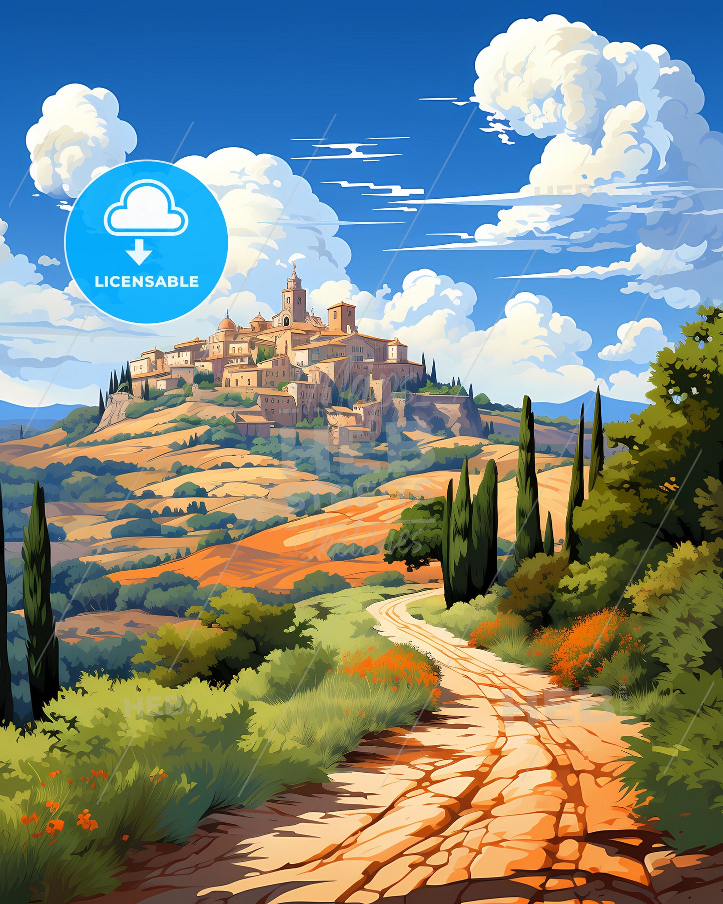 Velletri, Italy, a landscape with a road and trees and a town on top of it