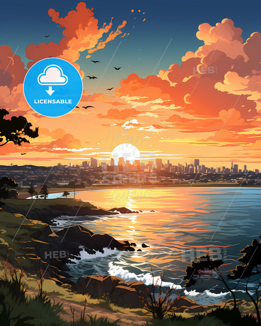 A Coruna, Spain, a sunset over a city