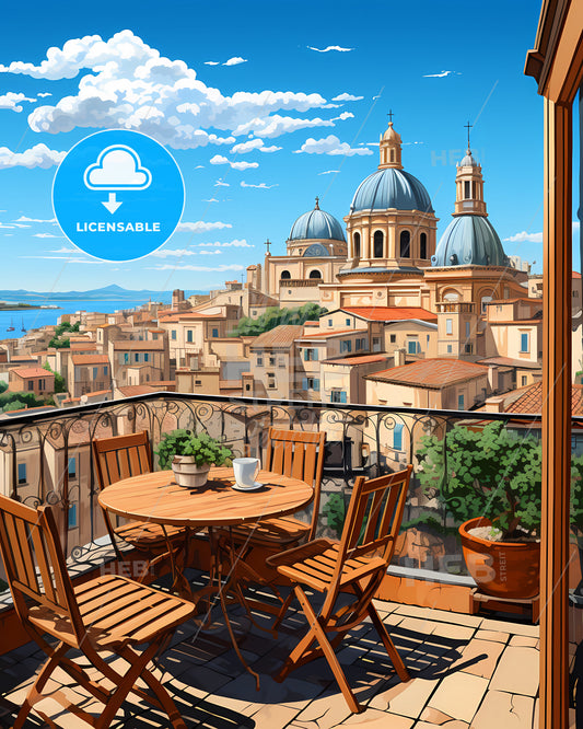 Acireale, Italy, a table and chairs on a balcony overlooking a city