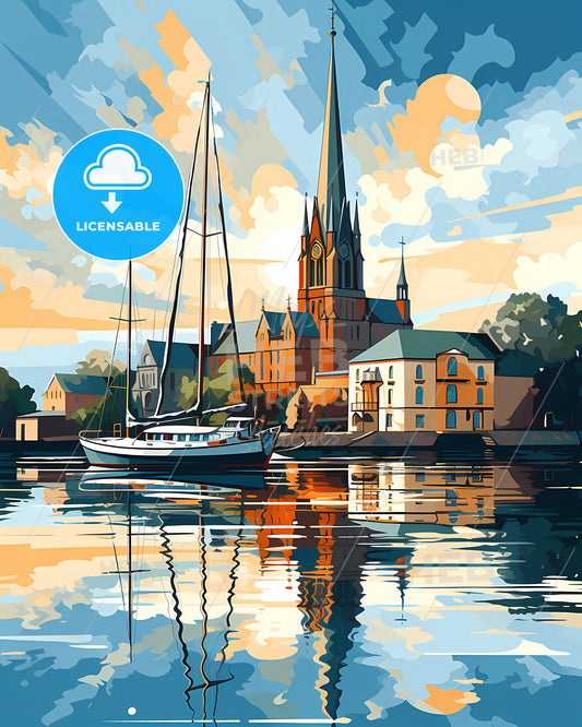 Port Laoise, County Laois, a painting of a church and a boat on the water