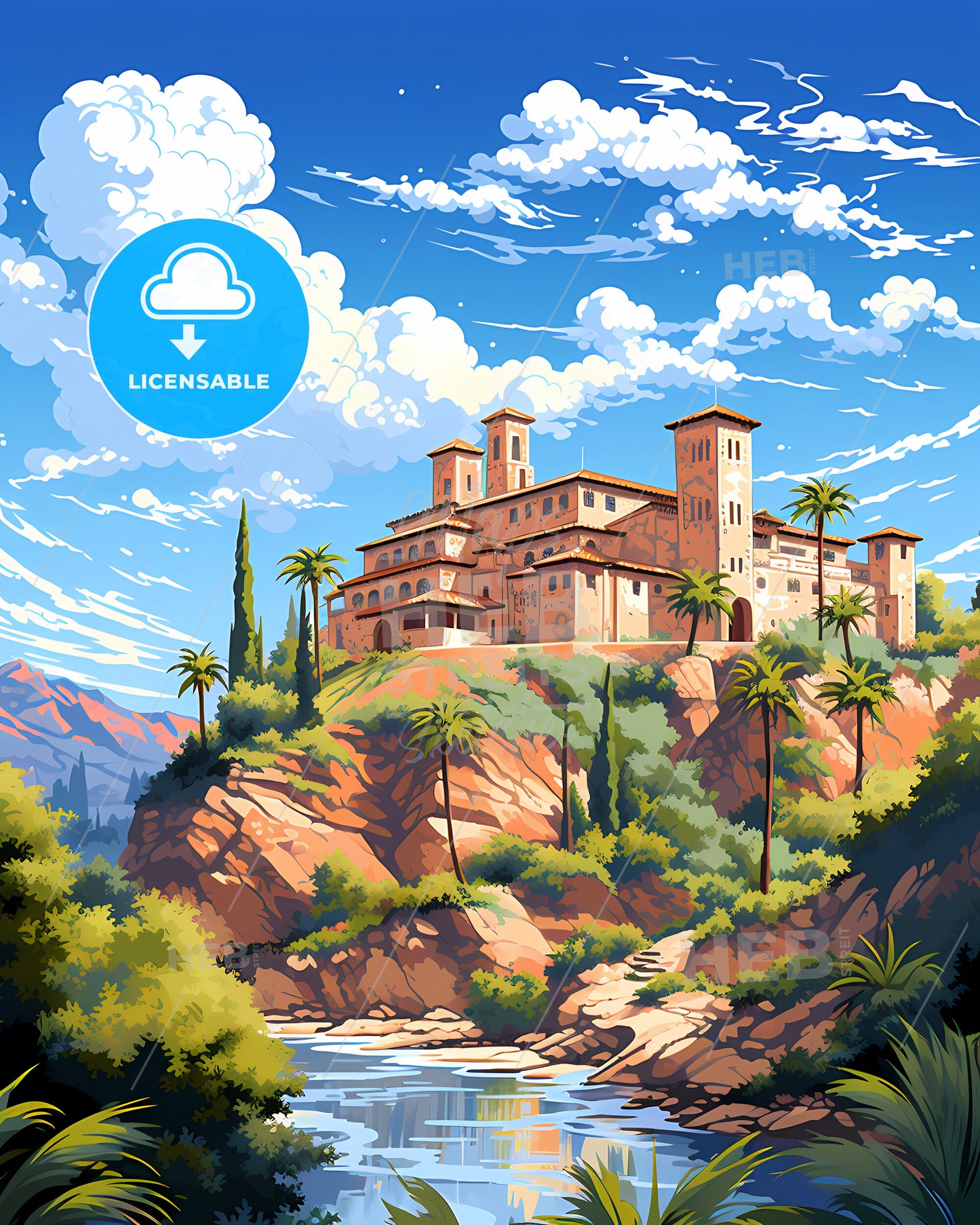 Alhambra, California, a building on a hill with trees and a river