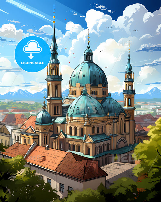 Milan, Italy, a building with blue domes and a city in the background