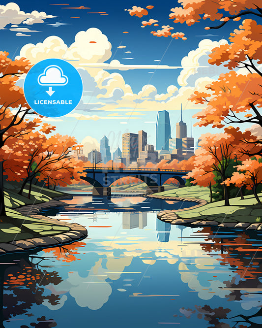 Frisco, Texas, a river with a bridge and trees with orange leaves