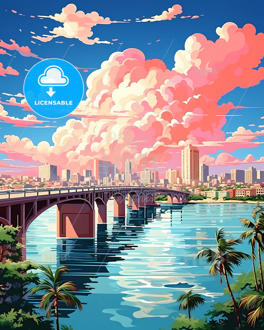 West Palm Beach, Florida, a bridge over water with palm trees and a city in the background