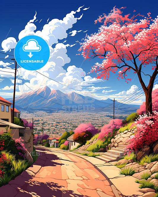 Compton, California, a road with pink flowers and trees on the side