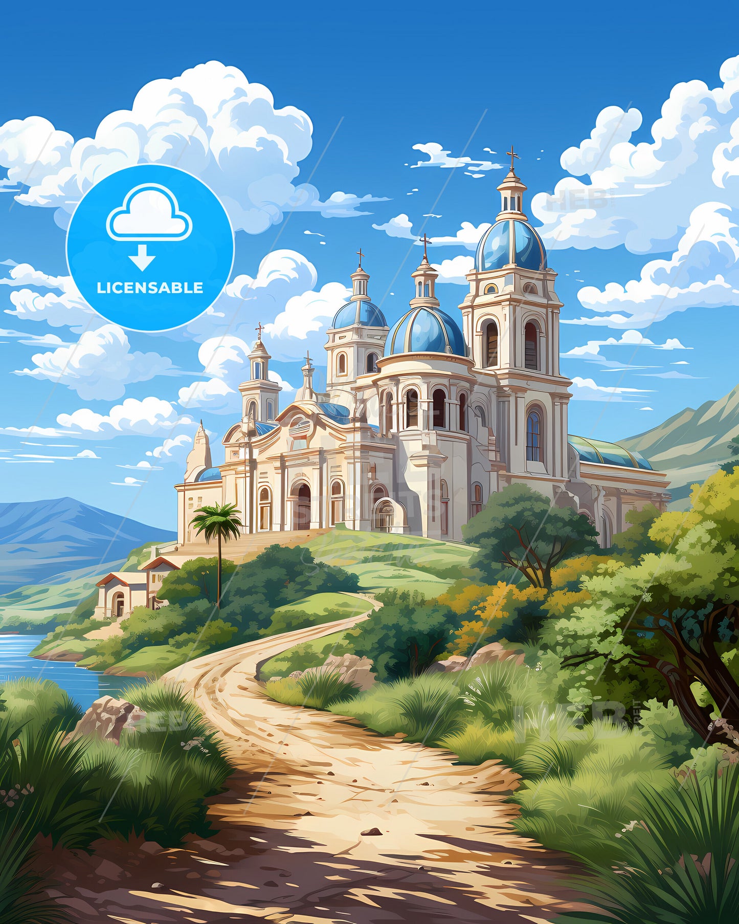 Ragusa, Italy, a building with blue domes on a hill with trees and a path