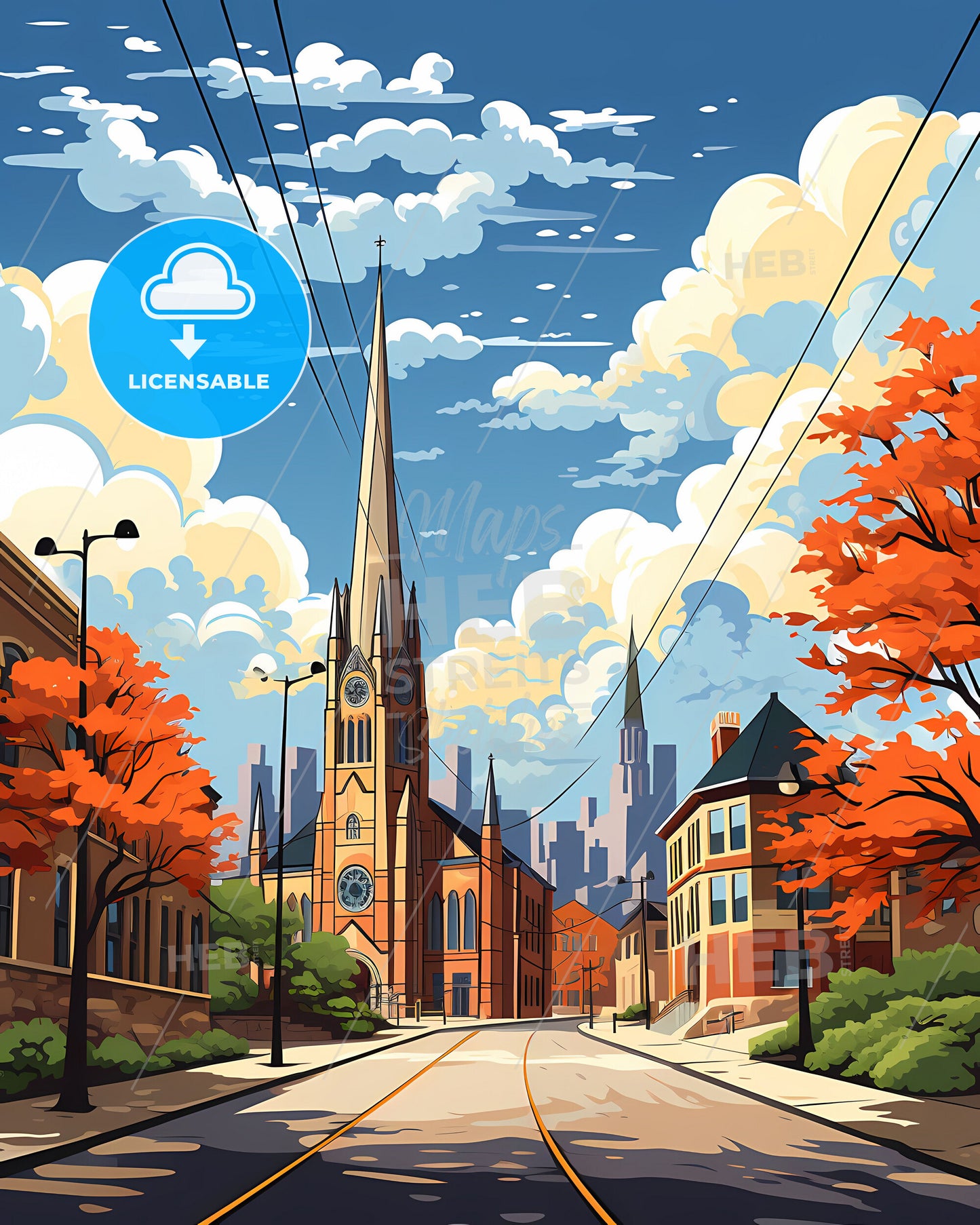 Temple, Texas, a street with a church and trees