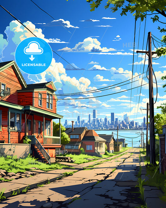 Portland, Maine, a street with houses and power lines and a city in the background