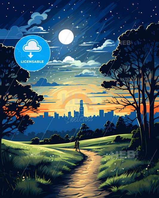 Allen, Texas, a painting of a landscape with a person walking on a path