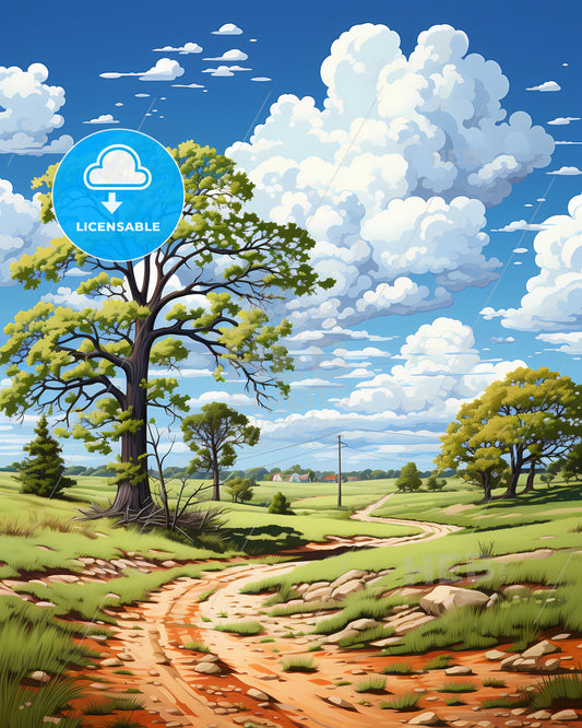 Mckinney, Texas, a dirt road through a grassy field with trees and a blue sky with clouds