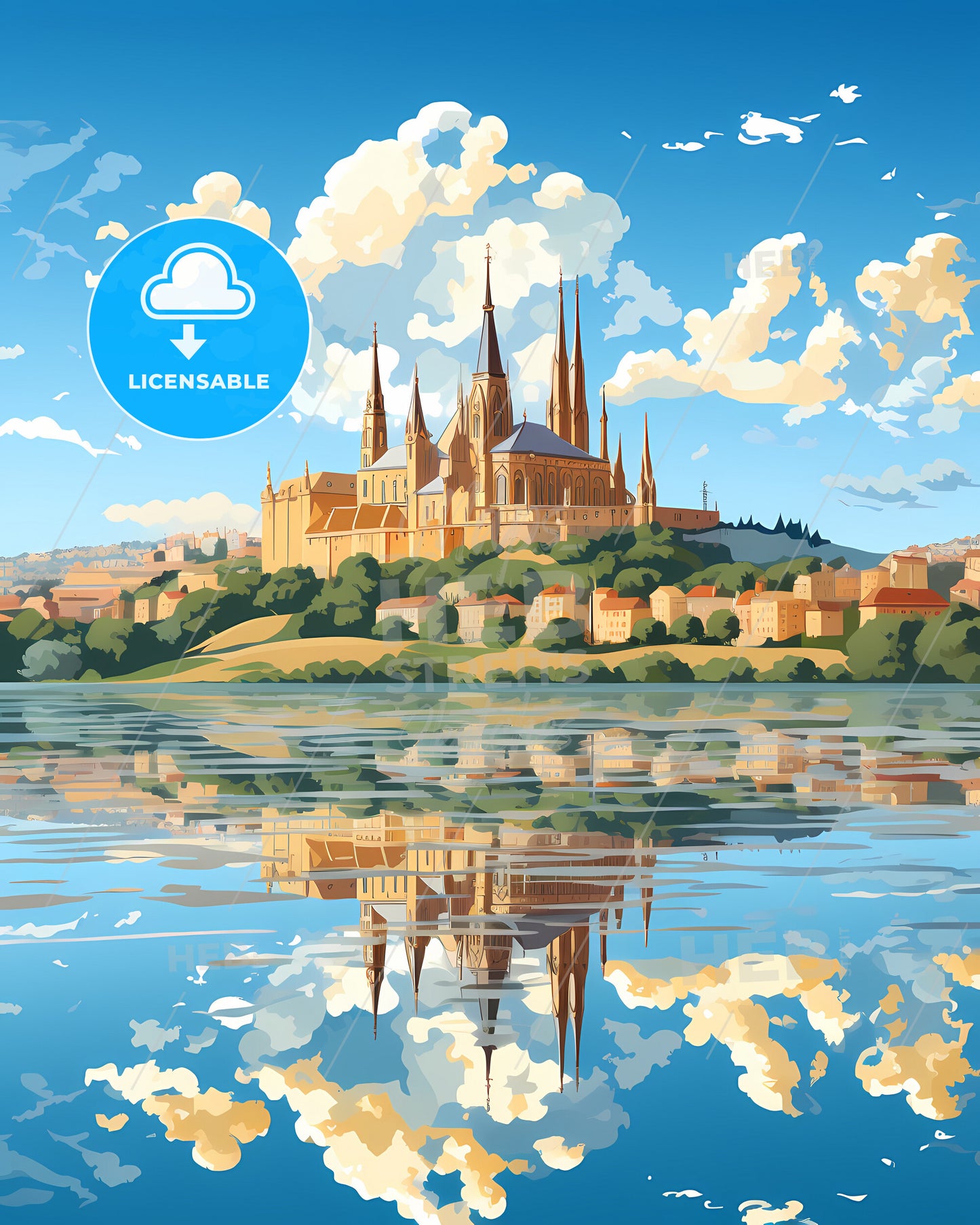 Amora, Portugal, a castle on a hill with a city and water reflection