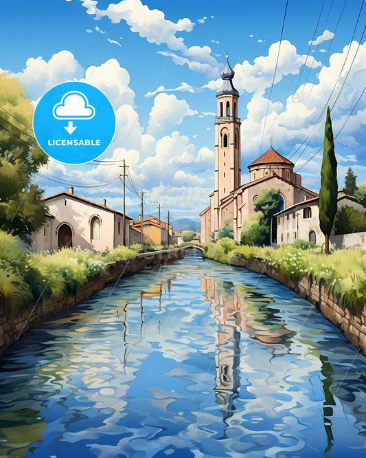 Treviso, Italy, a water channel with buildings and trees