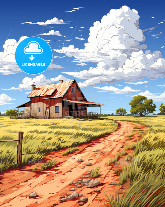 Lawton, Oklahoma, a dirt road leading to a house with Kaunas Castle in the background