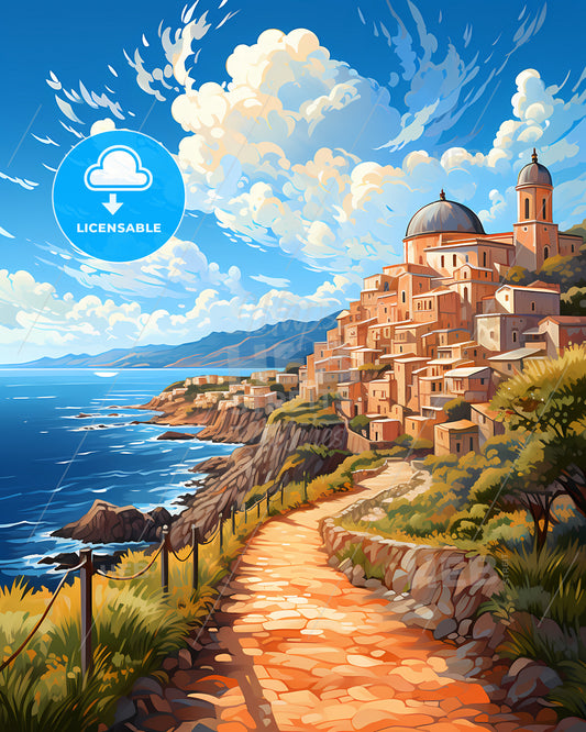 Battipaglia, Italy, a road leading to a town on a hill by the ocean