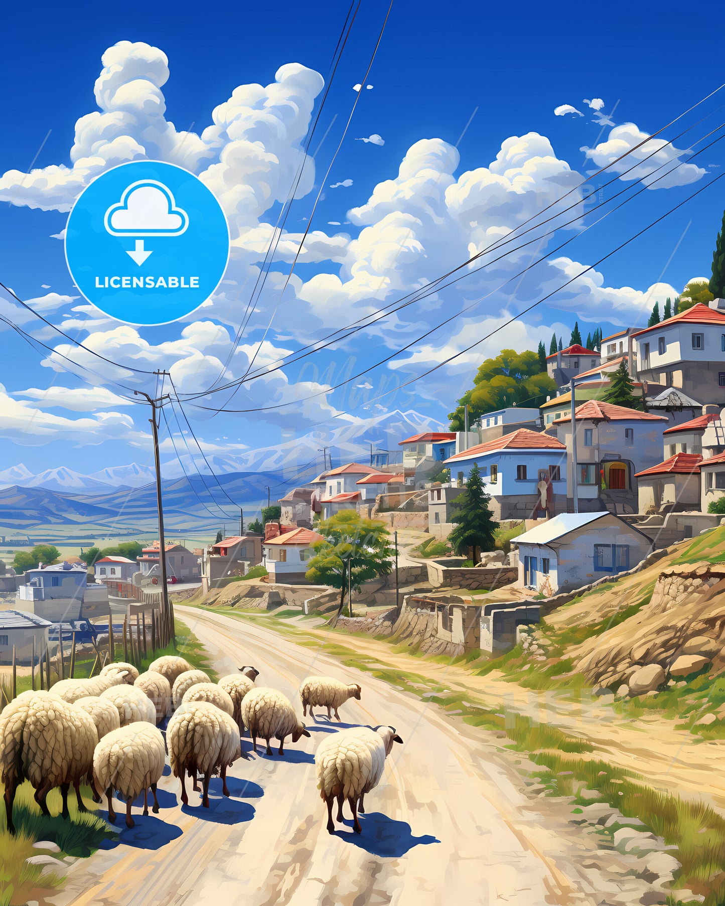 Pavlodar, Kazakhstan, a group of sheep walking on a road next to a village