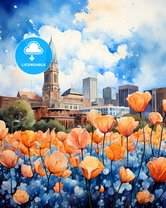 Gastonia, North Carolina, a painting of orange flowers in front of a city