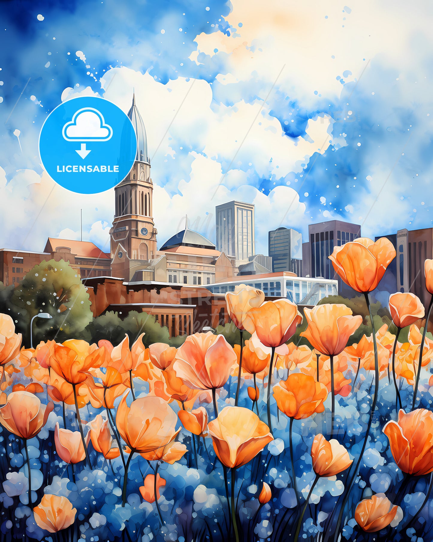 Gastonia, North Carolina, a painting of orange flowers in front of a city