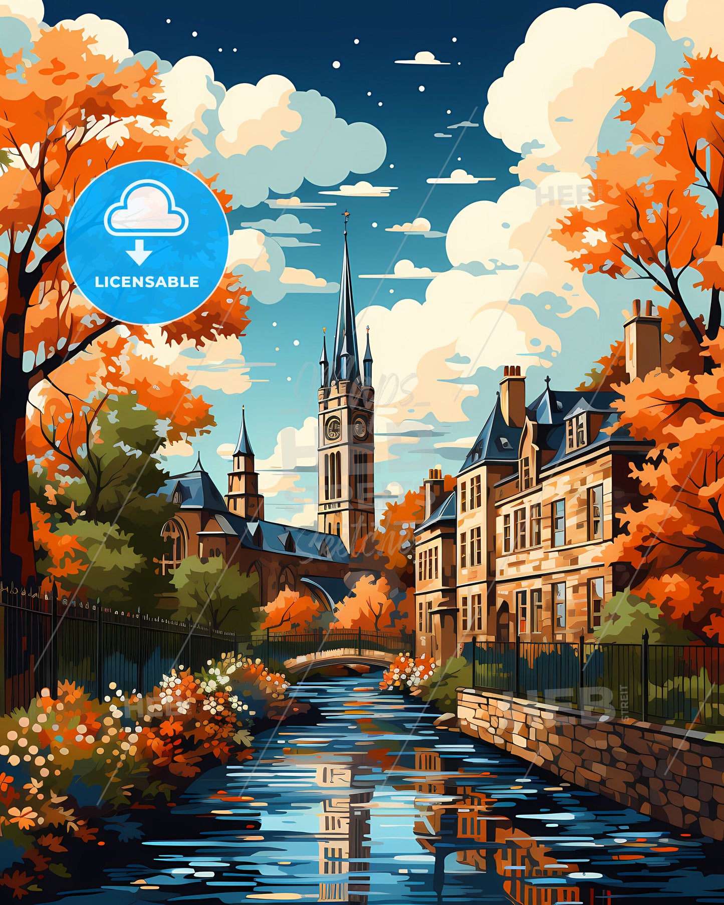 Delft, Netherlands, a painting of a river with a bridge and a church in the background