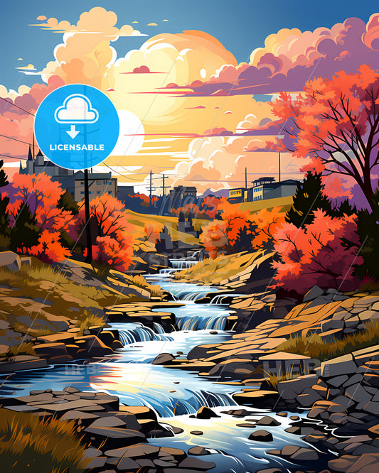 Evansville, Indiana, a river running through a valley with trees and buildings