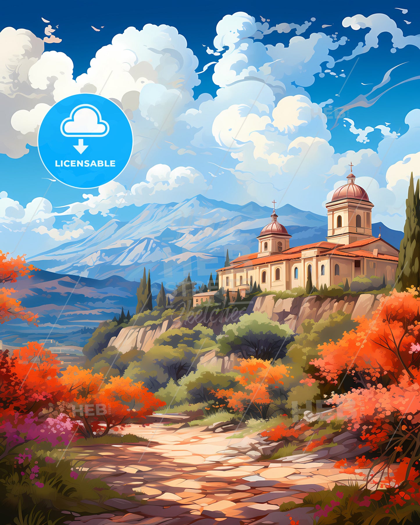 Battipaglia, Italy, a building on a hill with trees and mountains in the background