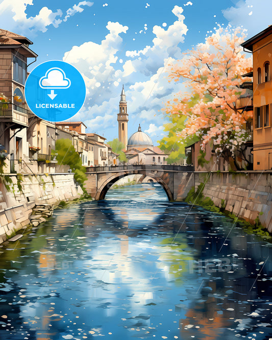 Treviso, Italy, a river with a bridge and a building in the background