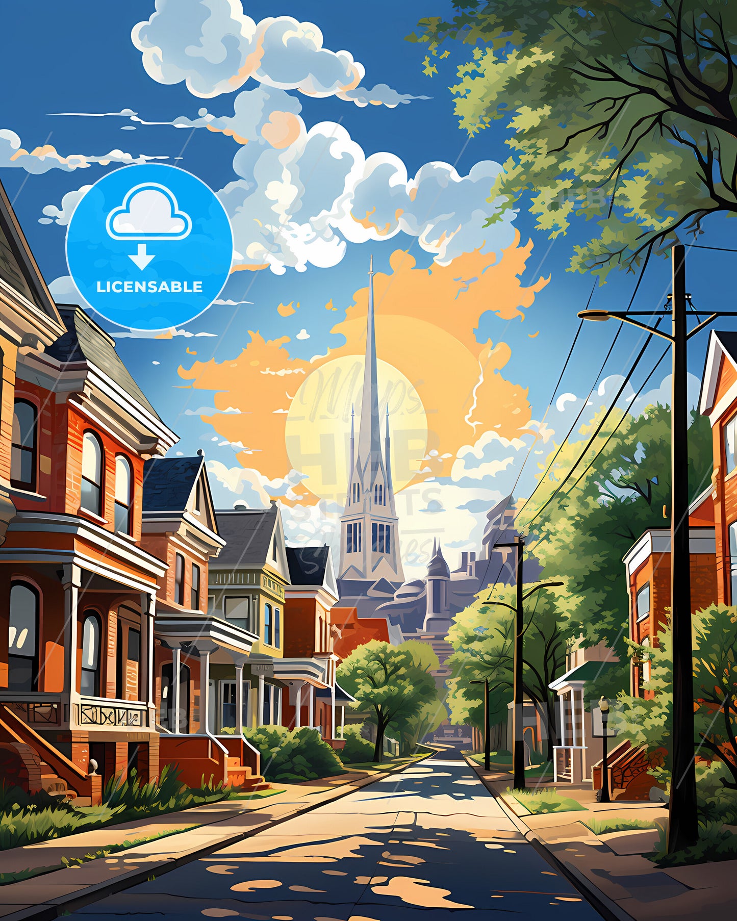 Mckinney, Texas, a street with houses and trees and a tall spire in the background