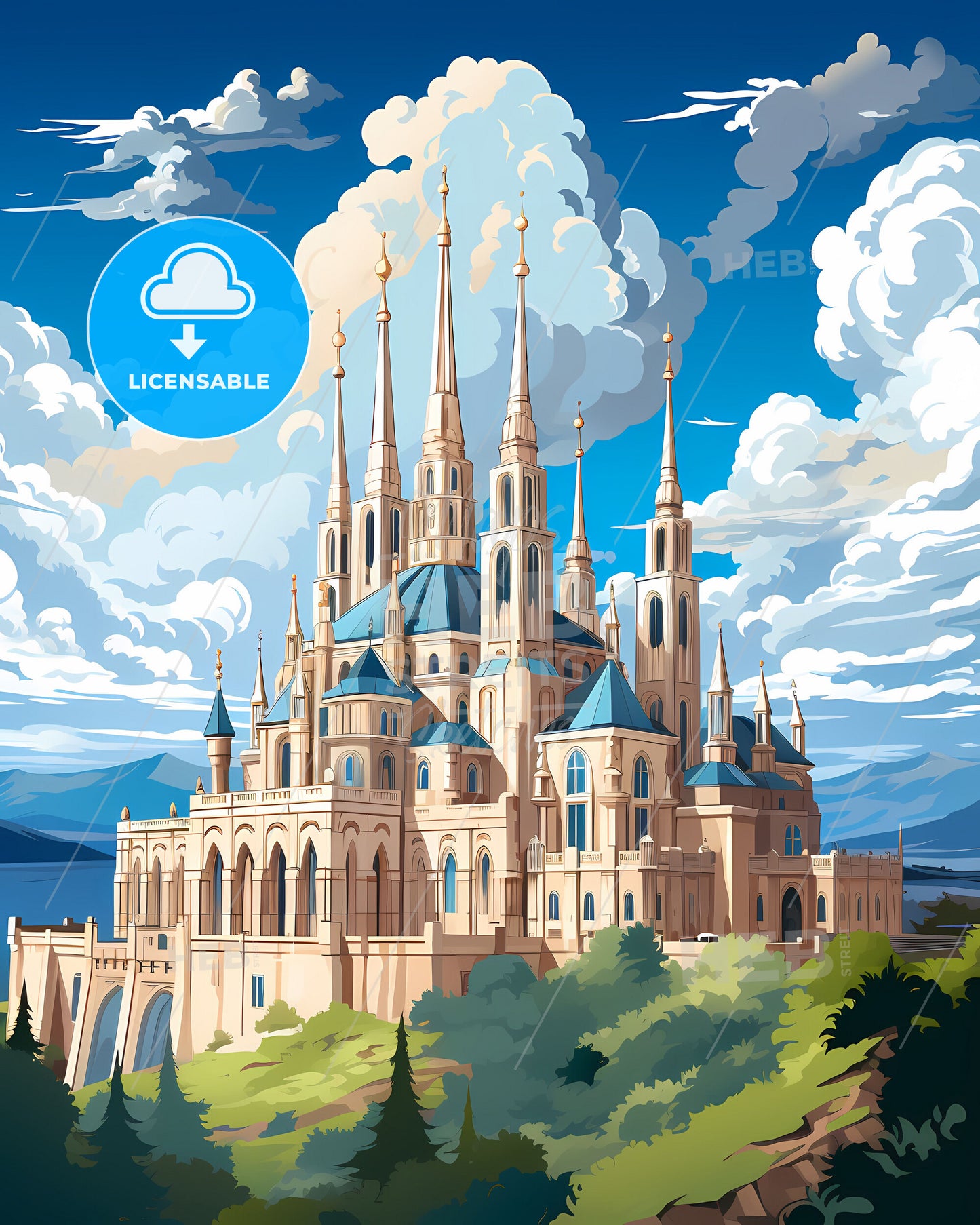 Udine, Italy, a castle with many towers and a blue roof with Sagrada Família in the background