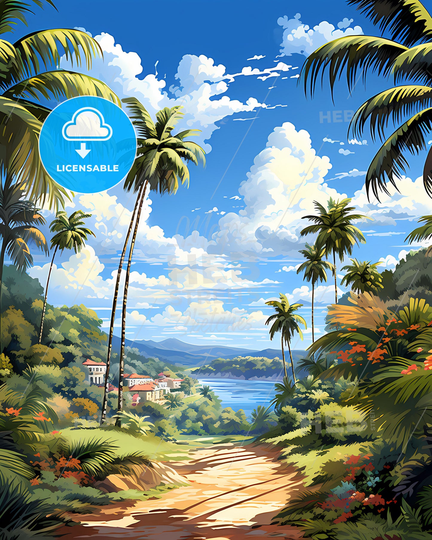 West Palm Beach, Florida, a landscape of a tropical forest with palm trees and a body of water