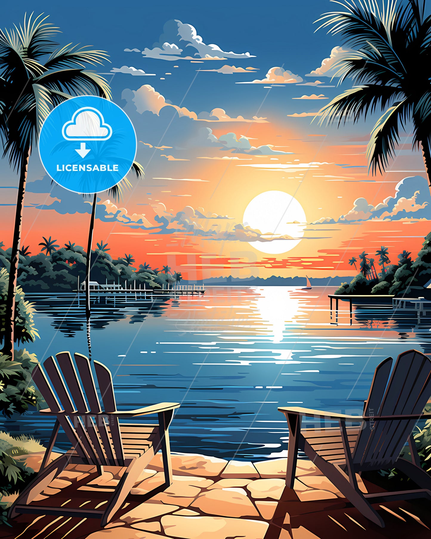North Port, Florida, a sunset over a body of water with chairs and trees