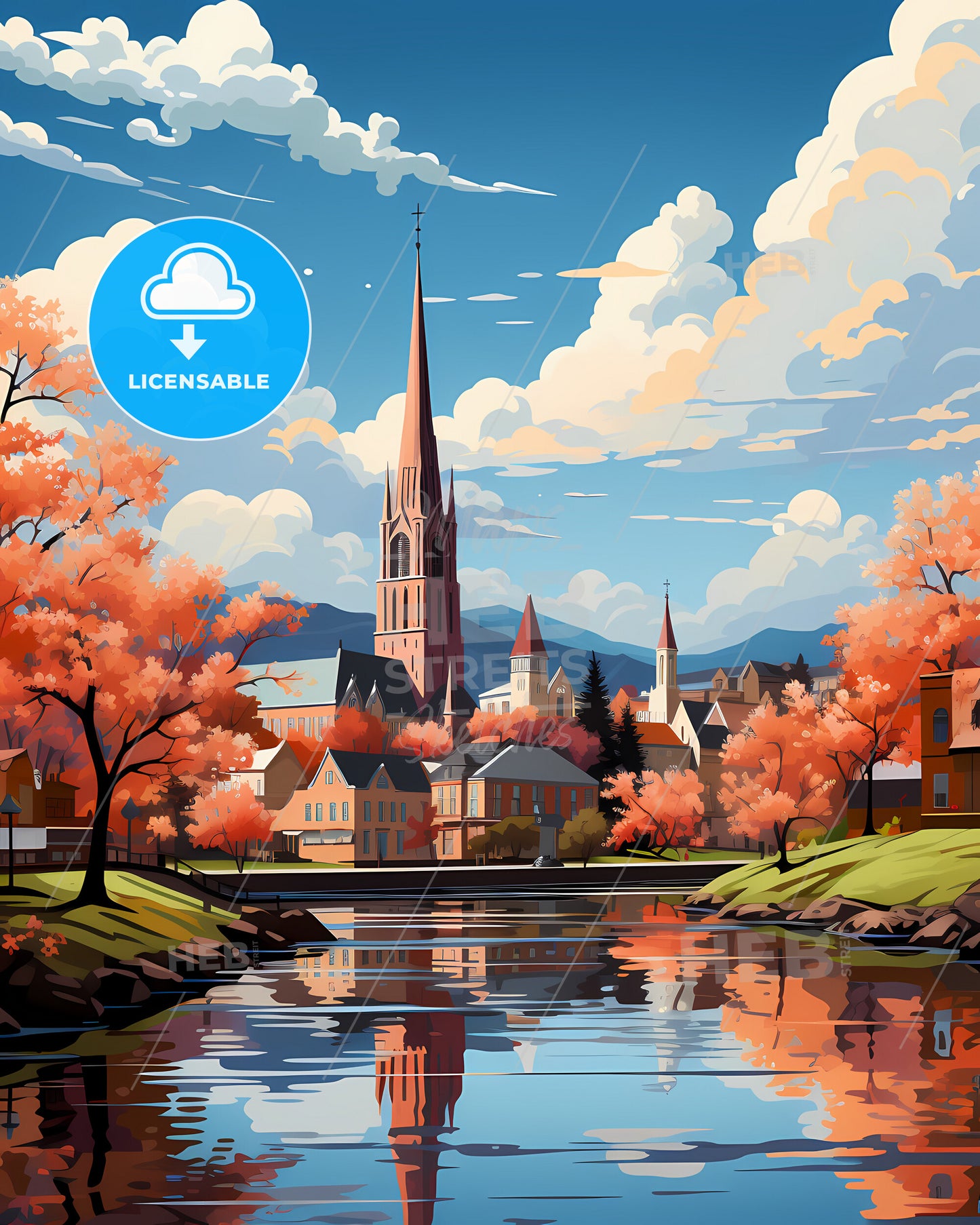 Drammen, Norway, a painting of a town with a church and a river