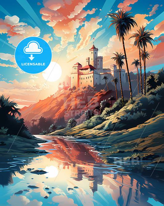 Alhambra, California, a river with a castle on top of it