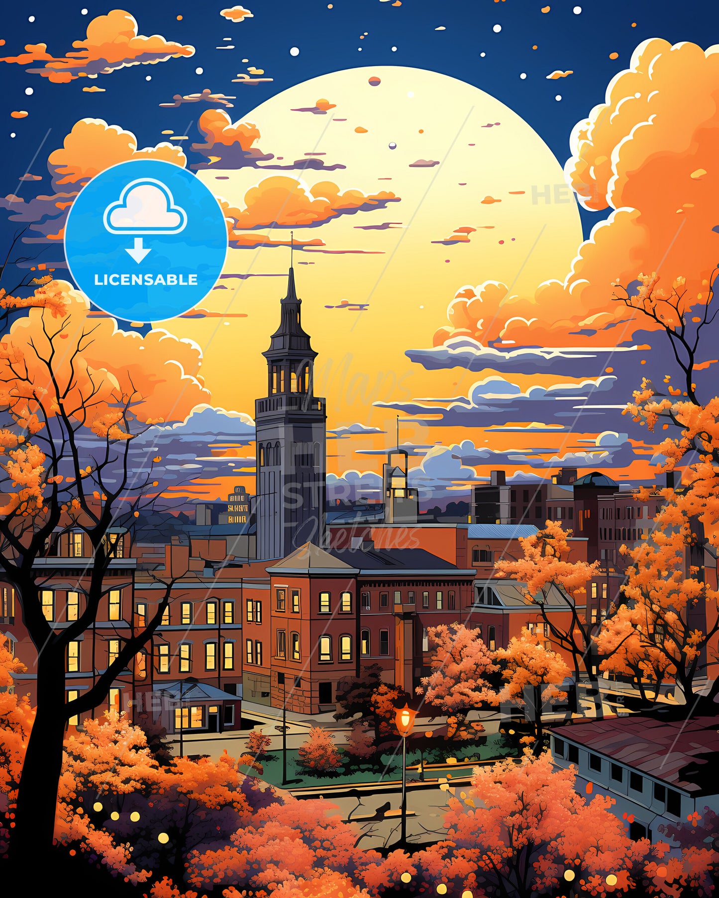 Columbia, Missouri, a city with orange trees and a large moon