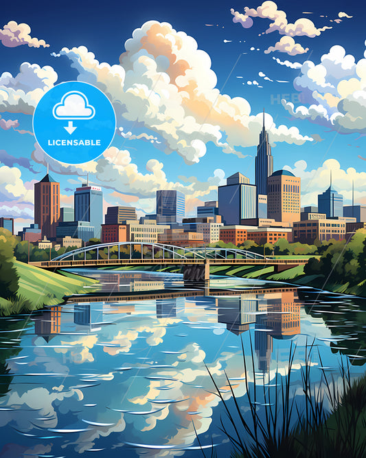 Muncie, Indiana, a bridge over a river with a city in the background