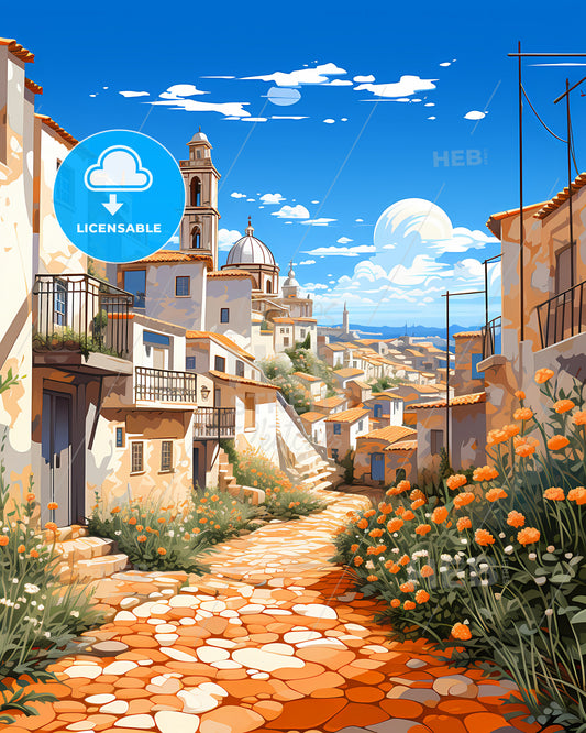 Guarda, Portugal, a stone path between buildings with orange flowers