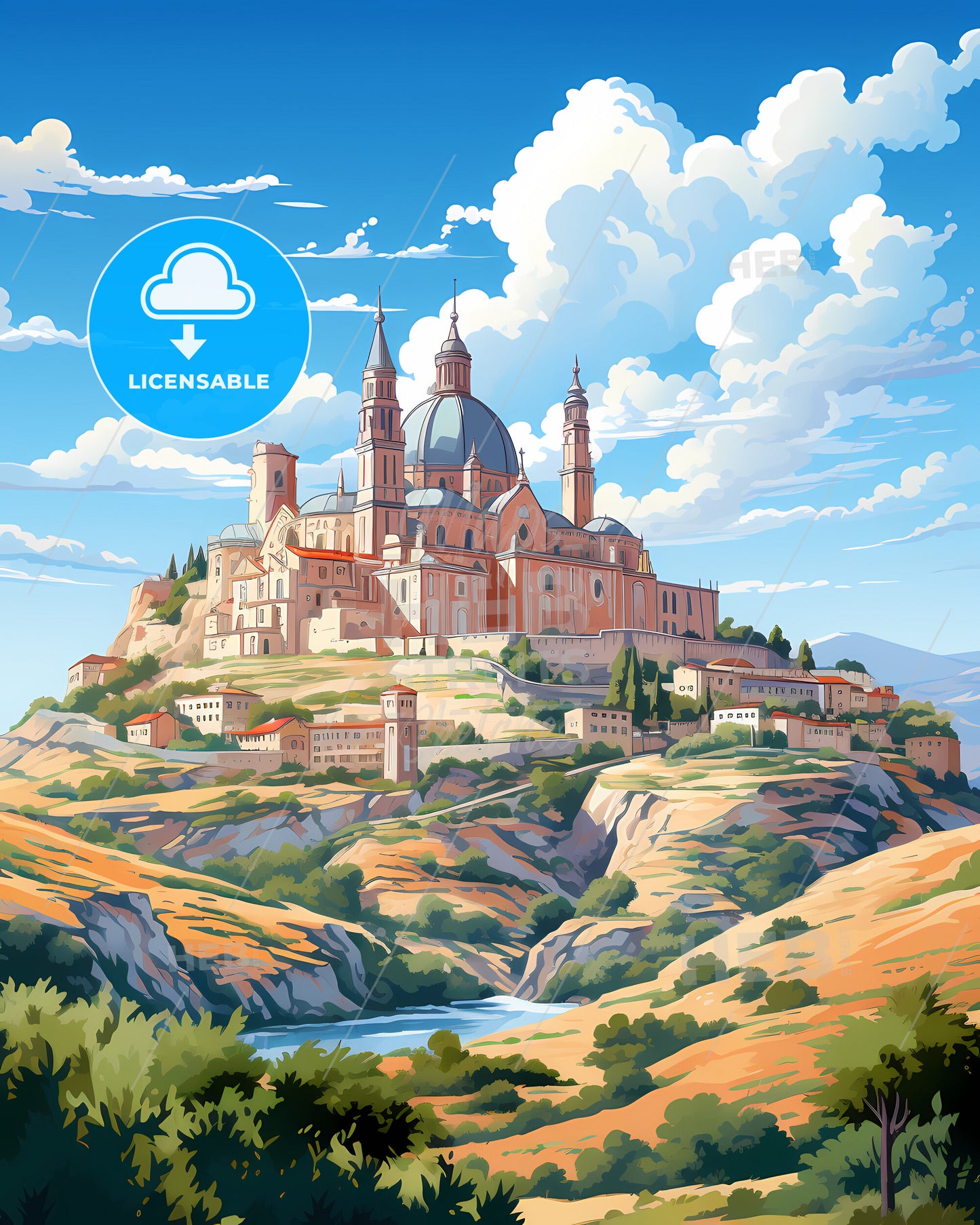 Potenza, Italy, a painting of a castle on a hill