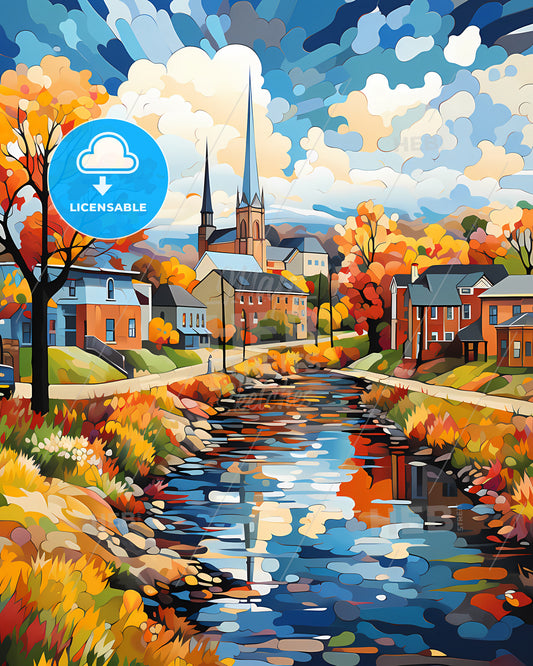 Springfield, Massachusetts, a water stream with houses and trees