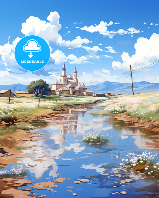 Kyzylorda, Kazakhstan, a river running through a village