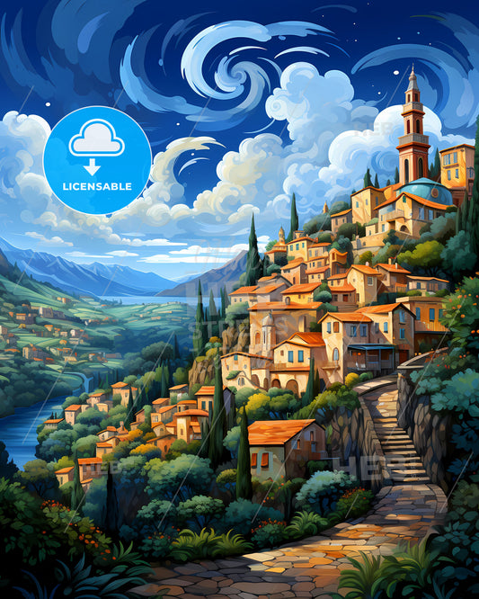 Tivoli, Italy, a painting of a town on a hill