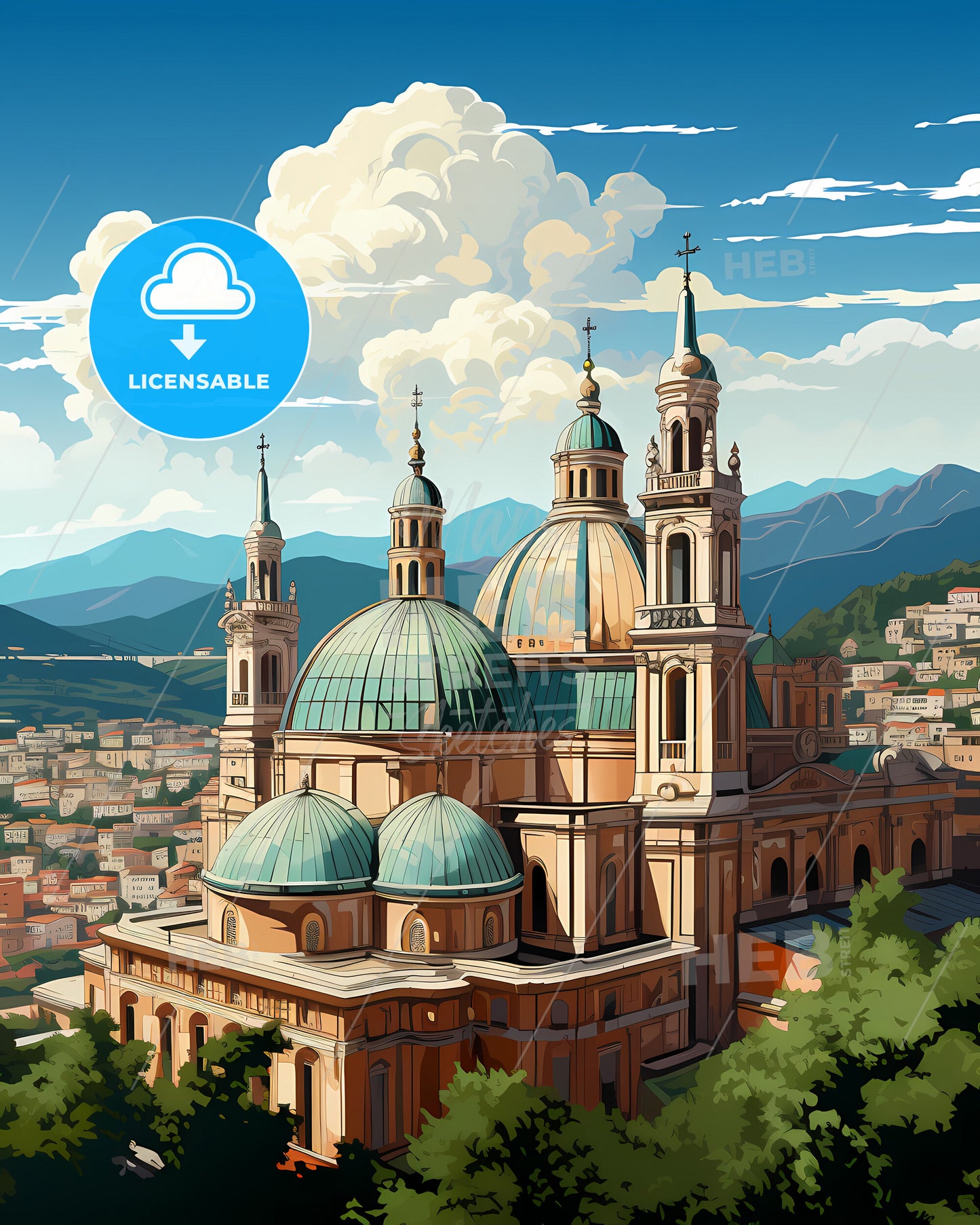 Genoa, Italy, Cuenca with a green roof and blue domes