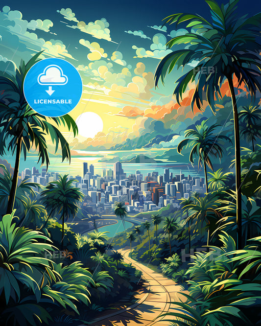 Fort Lauderdale, Florida, a road through a tropical forest with palm trees