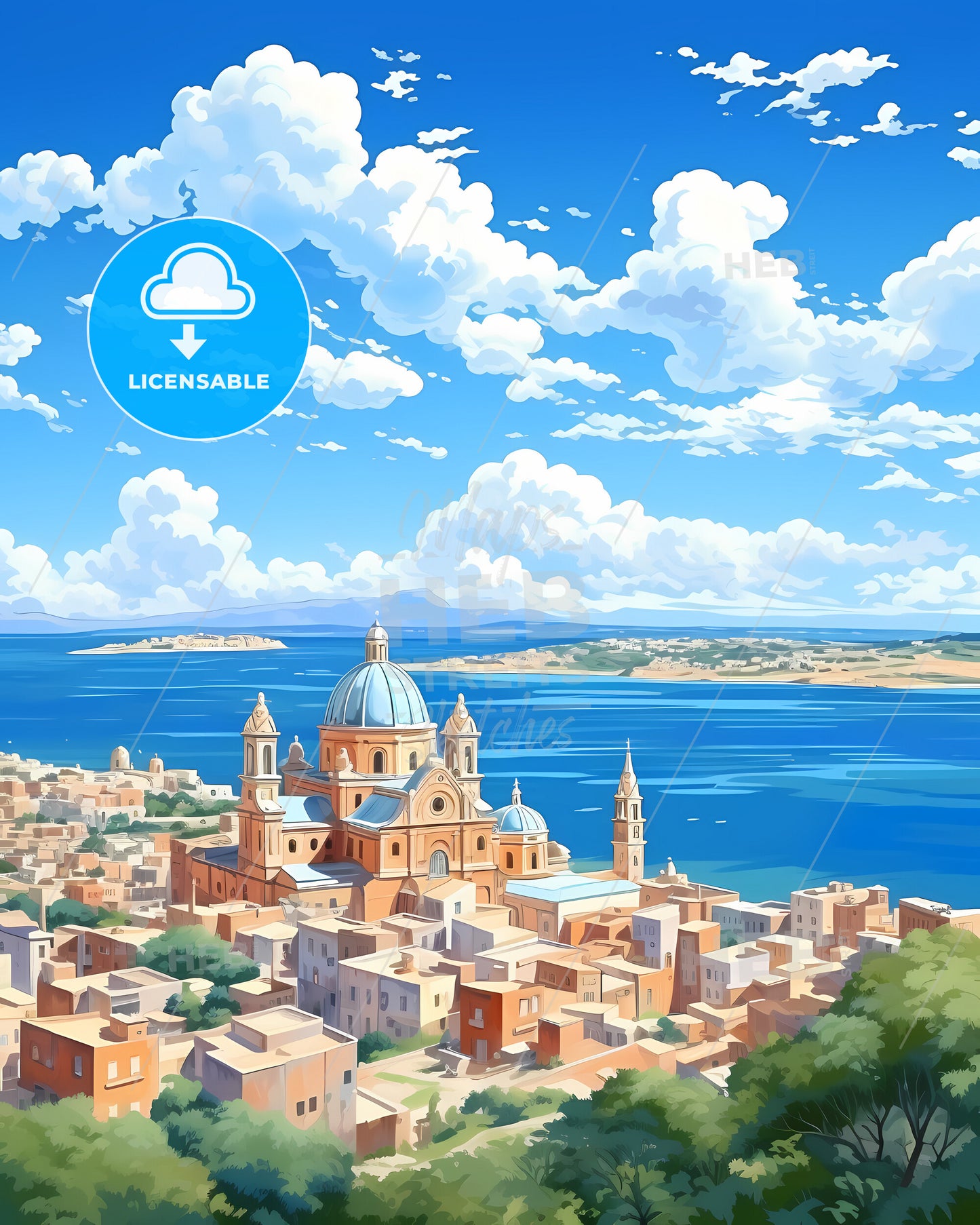 Molfetta, Italy, a city with a blue dome and buildings by the water