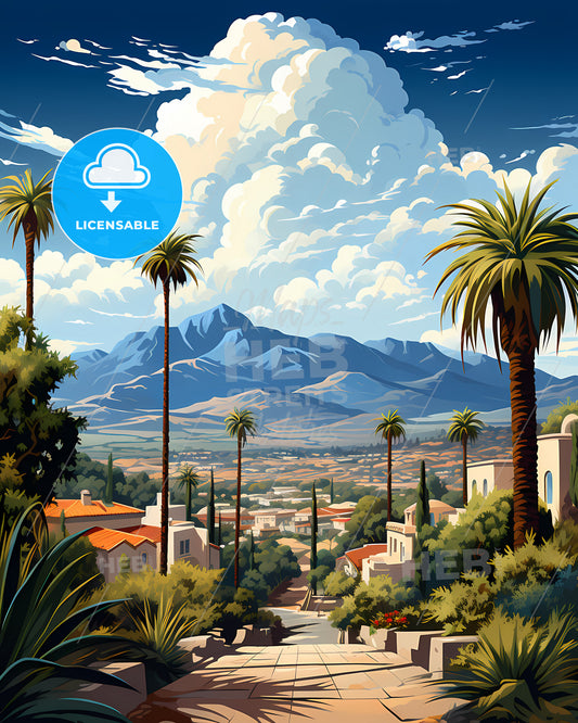 Corona, California, a landscape of a town with palm trees and mountains