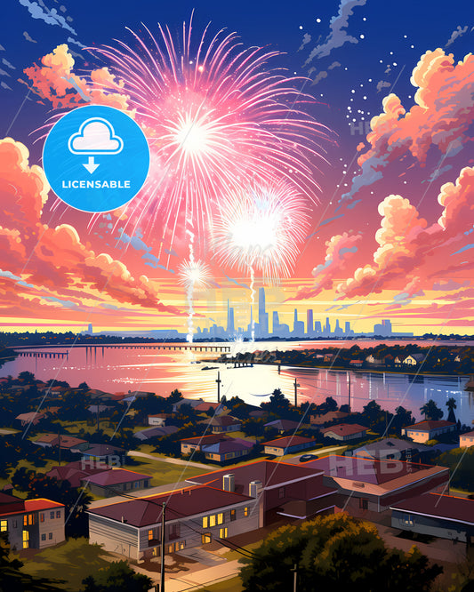 Port St. Lucie, Florida, fireworks over a city