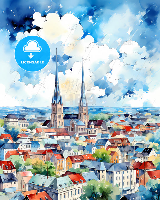 Mullingar, County Westmeath, a watercolor painting of a city