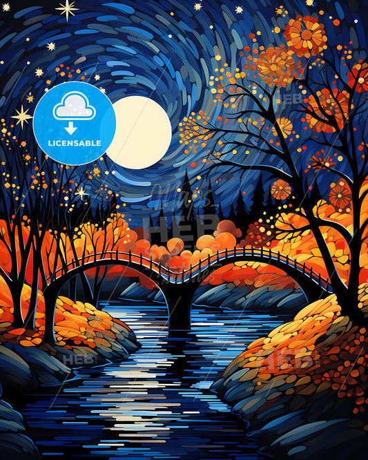 Aurora, Illinois, a bridge over a river with trees and a full moon